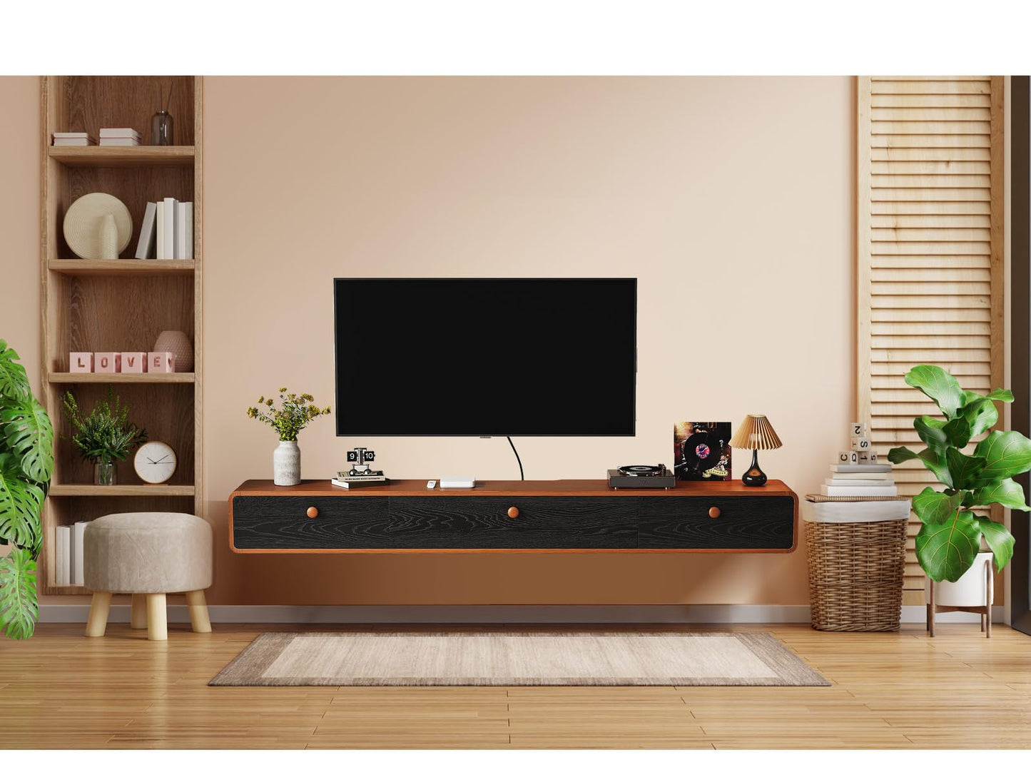 FurniNova Floating TV Console with 3 Doors,Natural Wood Veneer Wall Mounted TV Shelf,Floating Entertainment Center Media Console with Storage for Living Room Bedroom,55inch Walnut