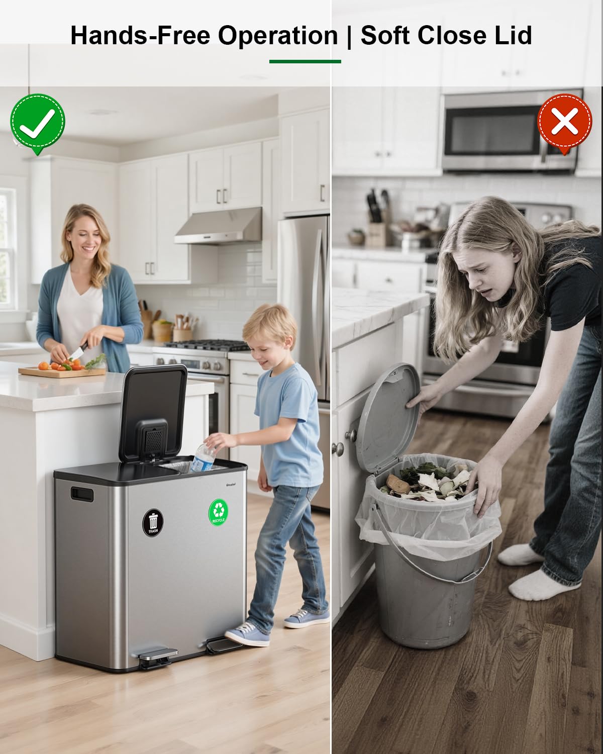 Lovewind 2×11.5 Gallon Dual Trash Can, Stainless Steel Dual Garbage and Recycling Can with Foot Pedal, 90° Stay-Open Lid, Pet-Proof Design – Large Dual Compartment Trash Recycling Bins Kitchen, Silver