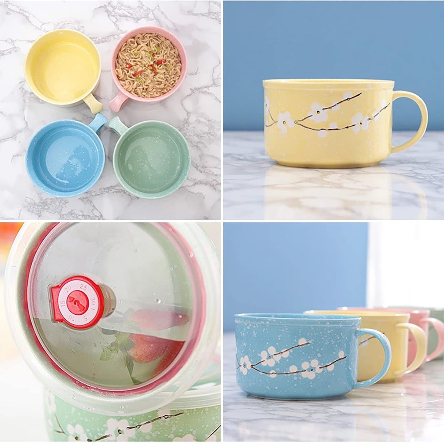 BxuxJar 4 Pack 30 oz Ceramic Bowl with Lid and Handle, Hand Painted Microwave Soup Bowl with Lid, Cute Microwave Ramen Bowls for Noodles, Porridge, Rice, Dishwasher Safe