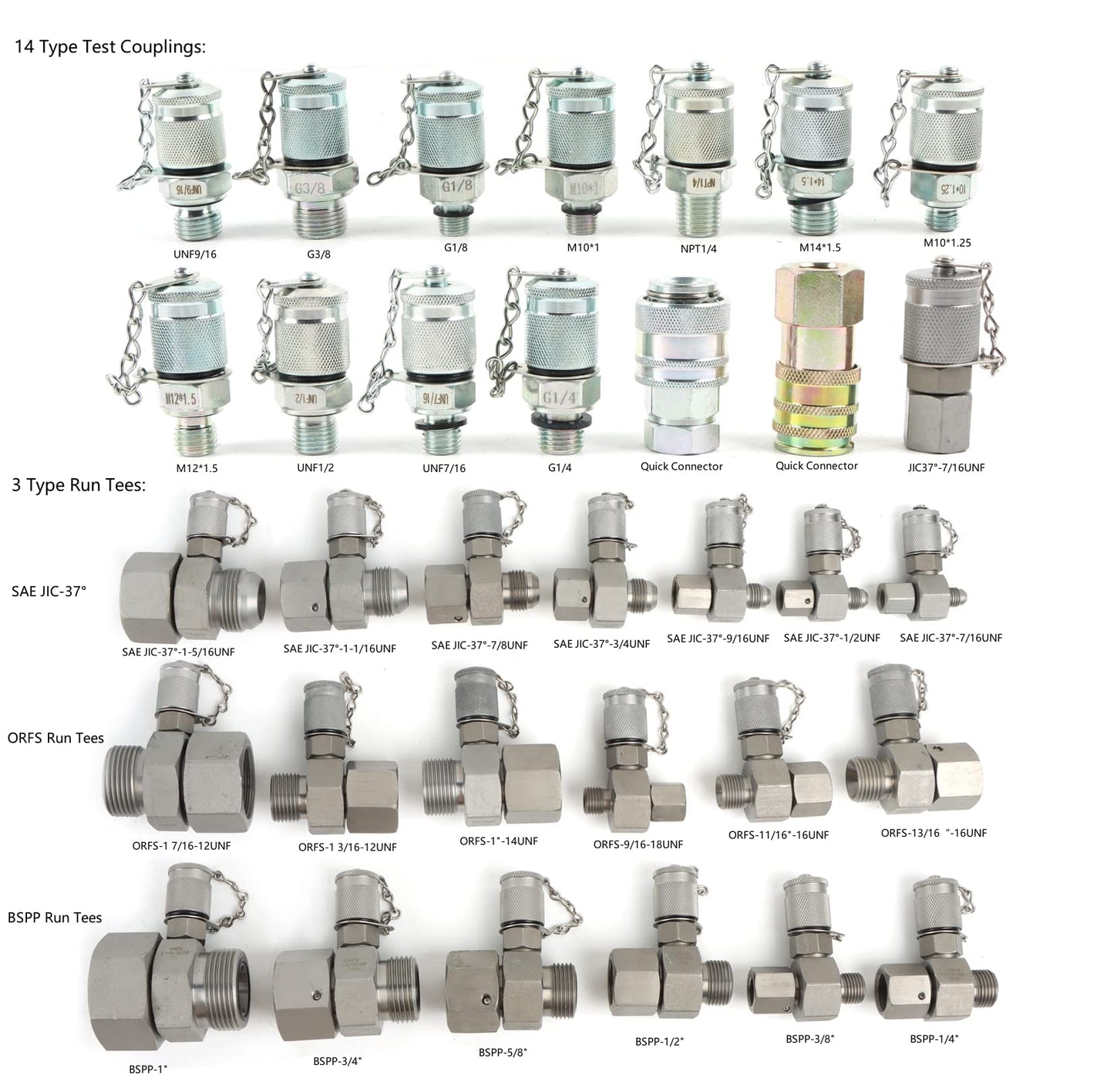 IMELBUFF Hydraulic Pressure Test Coupling Kit, JIC BSPP ORFS Hydraulic Swivel Run Tees Set Repair Tools for Most Excavator Construction Machinery 3 Gauges 4 Test Hoses 14 Couplings 19 Tee Connectors