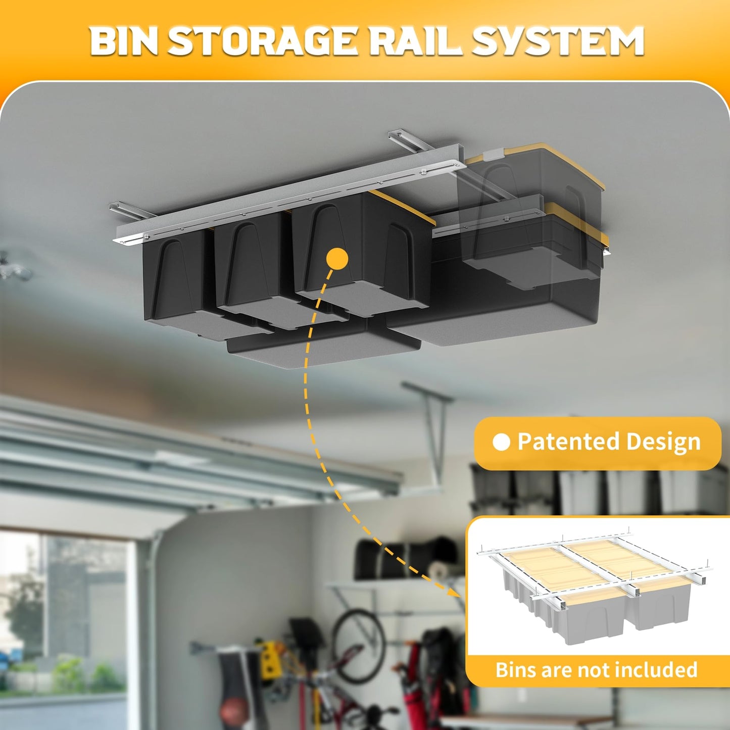 WALMANN Overhead Tote Storage Rail System, Garage Ceiling Bin Storage Rack Heavy Duty Adjustable Tote Slide Rails(White, Bins are not Included)