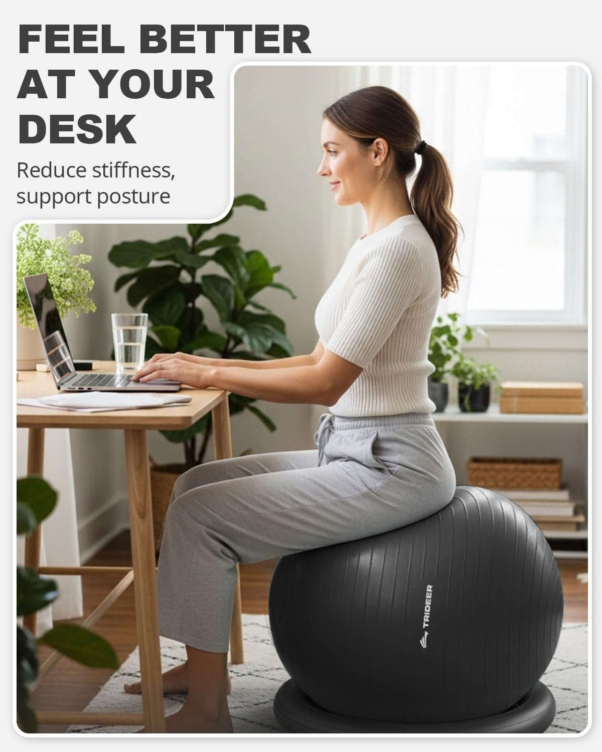 Trideer Exercise Ball for Office Desk, Yoga Ball Chair to Relieve Back Pain, Stability & Fitness Ball Seat with Base, Home Gym Core Workout, Abs, Stretching & Therapy