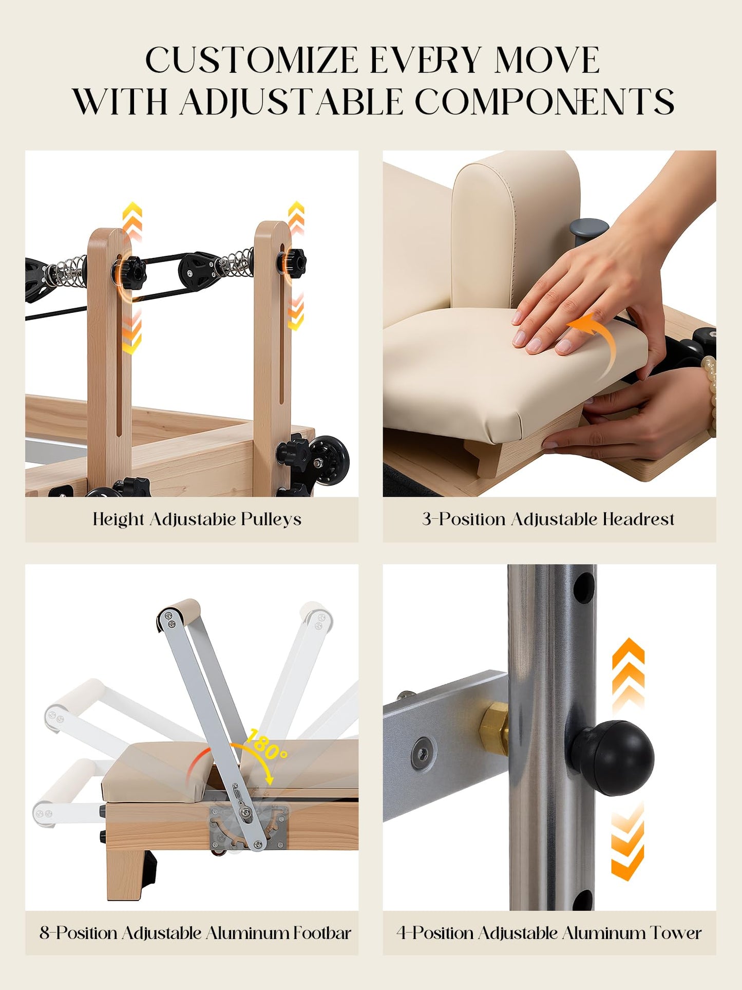 LeisureKing 3-in-1 Pilates Reformer, Wooden Pilates Machine Equipment with Cadillac Trapeze Table & Tower, Studio Grade Reformer Workout Equipment for Home Gym with All Accessories, Beige