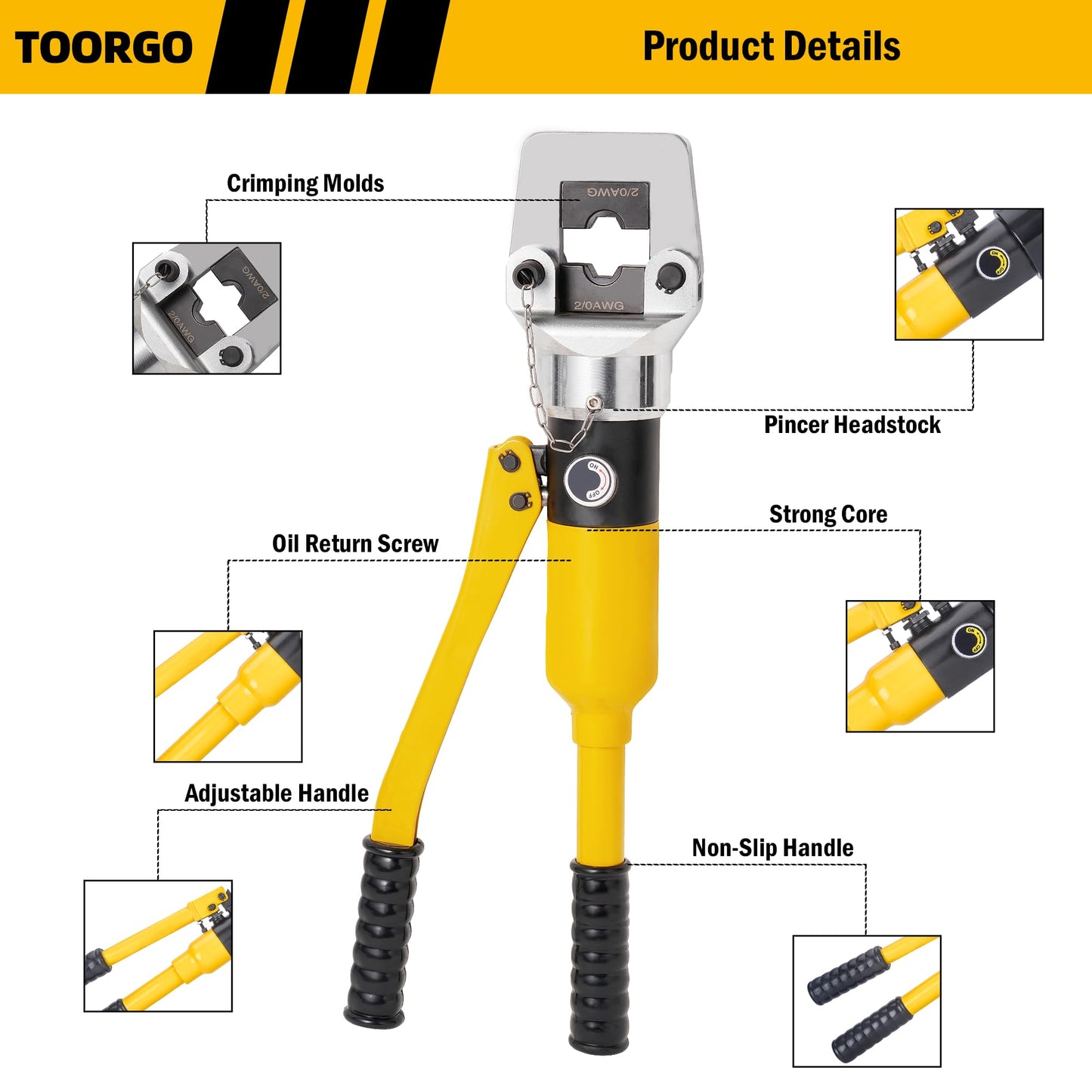 TOORGO Crimping Tool, 6 AWG to 1000 MCM Hydraulic Plier, 20 Ton Copper and Aluminum Terminal Wire Lug Hydraulic Crimper, Crimping Tool Kit with 13 Dies