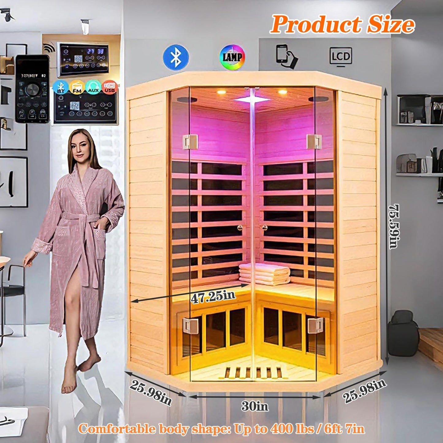 Smart Indoor Sauna 2-3 Person, 0-5mG Ultra Low Emf Far Infrared Sauna for Home, 1520w Hemlock Wooden Sauna Room with APP & LCD Control Panel, Bluetooth Speaker, Chromotherapy Lights, Thermal Cover