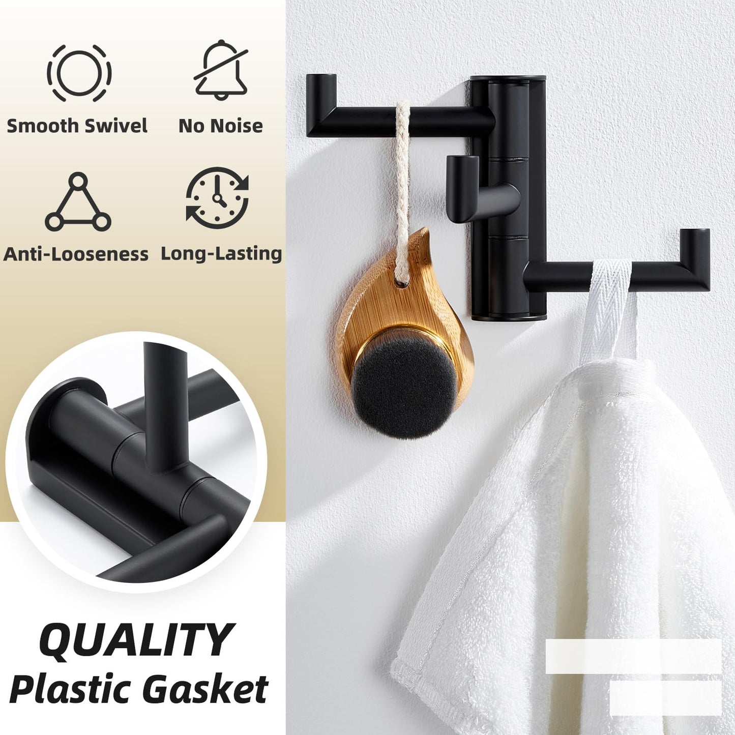 APLusee Swivel Towel Hook, 304 Stainless Steel Foldable Clothes Hook with Multi Three Rotating Arm, Flexible Bathroom Kitchen Storage Hanger Wall Mounted, Matte Black