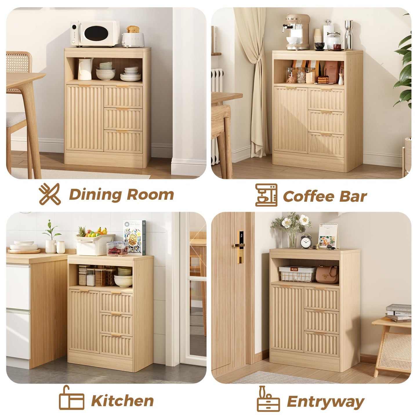 SMORBOSS Coffee Bar Cabinet with Storage, Fluted Buffet Sideboard Cabinet with 3 Drawers & Adjustable Shelf, Rounded Edge Modern Storage Cabinet for Dining Room, Kitchen, Living Room, Entryway, Oak