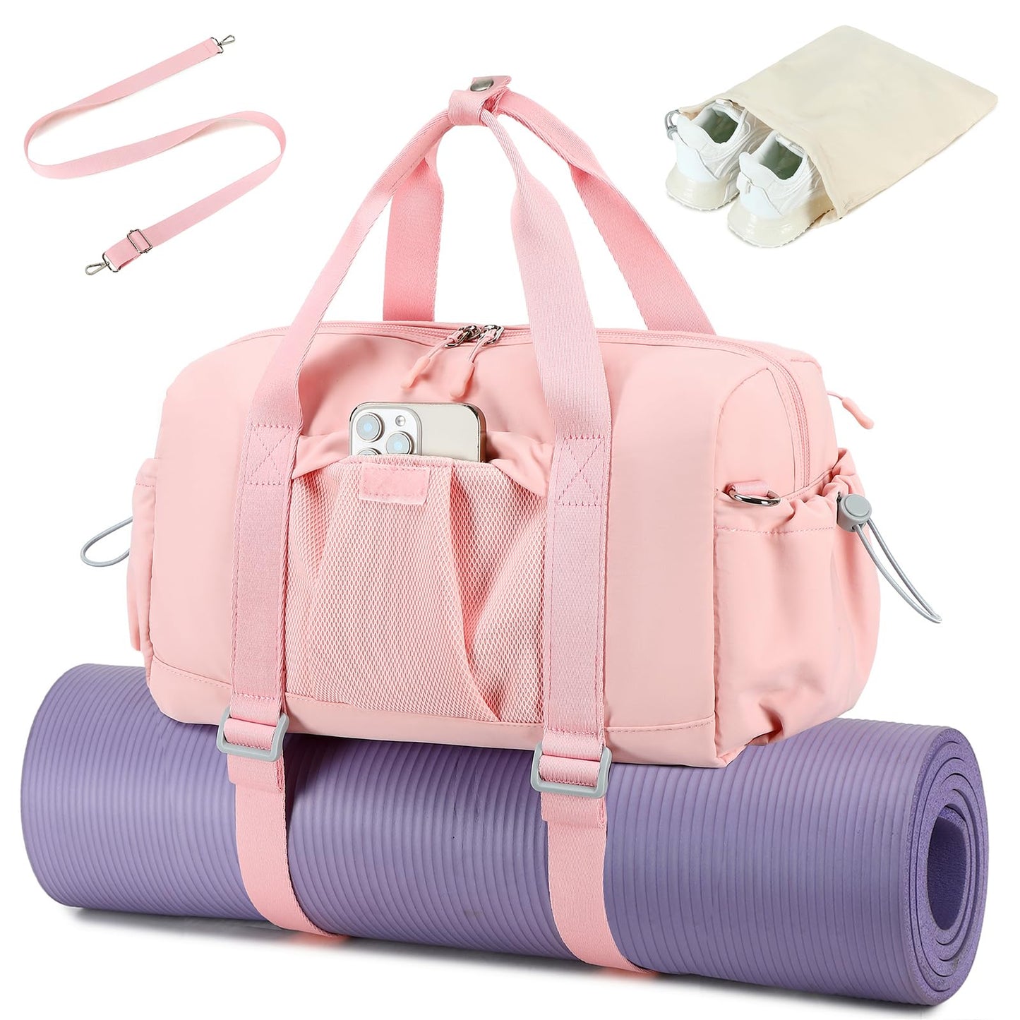 LEDAOU Small Gym Bag for Women, Mini Duffle Bag with Yoga Mat Holder Lightweight Carry On Sports Bag with Separate Shoe Pocket and Wet Pocket Duffel Bags Dance Yoga Workout Bag (Pink)