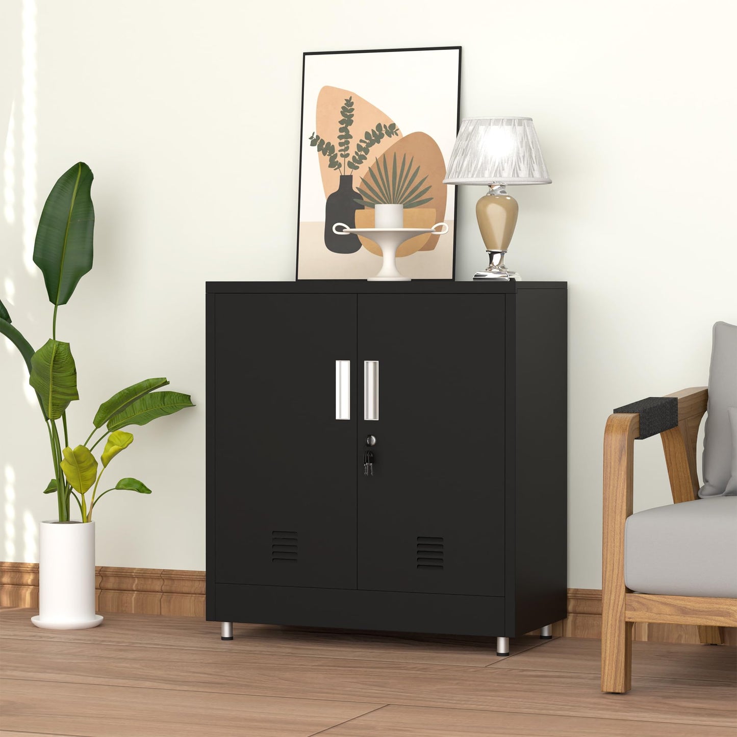 JINKUR Metal Storage Cabinet with Locking Doors and Adjustable Shelf, Small Lockable Sideboard Buffet Cabinet for Home, Office, Entryway, Hallway, Living Room, Kitchen and Dining Room (Black)
