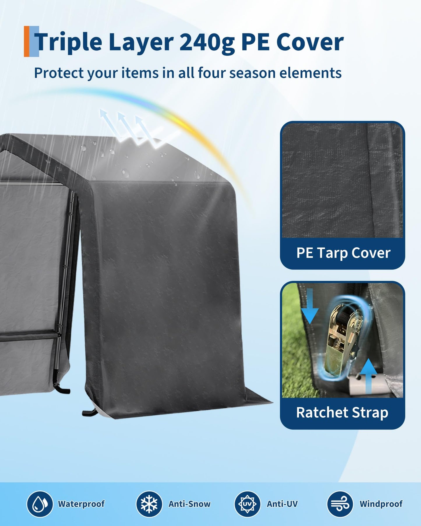 GarveeLife 6x8 ft Outdoor Portable Storage Shed with 2 Roll-Up Doors & Vents, 240G Heavy-Duty Shelter Waterproof PE Tarp, UV-Resistant Storage Sheds for Motorcycle, Firewood, Garden and Tools, Gray