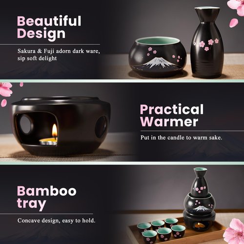 DUJUST 10 pcs Japanese Sake Set with Warmer for 6, Sakura & Fuji Design Porcelain Sake Set, 6 Sake Cups, 1 Bottle, 1 Warmer, 1 Candle Stove, 1 Tray & 1 Box, Warm Sake Carafe, Japanese Gifts - Black