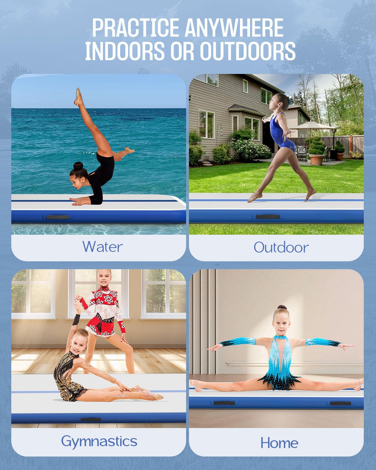 SWRORDAWN Inflatable Gymnastics Mat 13ft, 4 inches Thickness Gymnastic Mats with Electric Pump and Carry Bag for Kids Home Use Outdoor Training Yoga Cheerleading Gym Studio Backyard Park, Blue