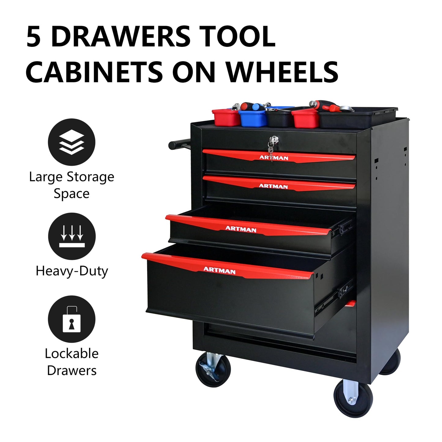 RYH 5 Drawers Rolling Tool Chest - Heavy Duty Mobile Tool Cart with Locking Wheels & Ball Bearing Drawers 30.5" H x 20.9" W x 13" D, Garage Tool Storage Cabinet (Black, 5 Drawers)