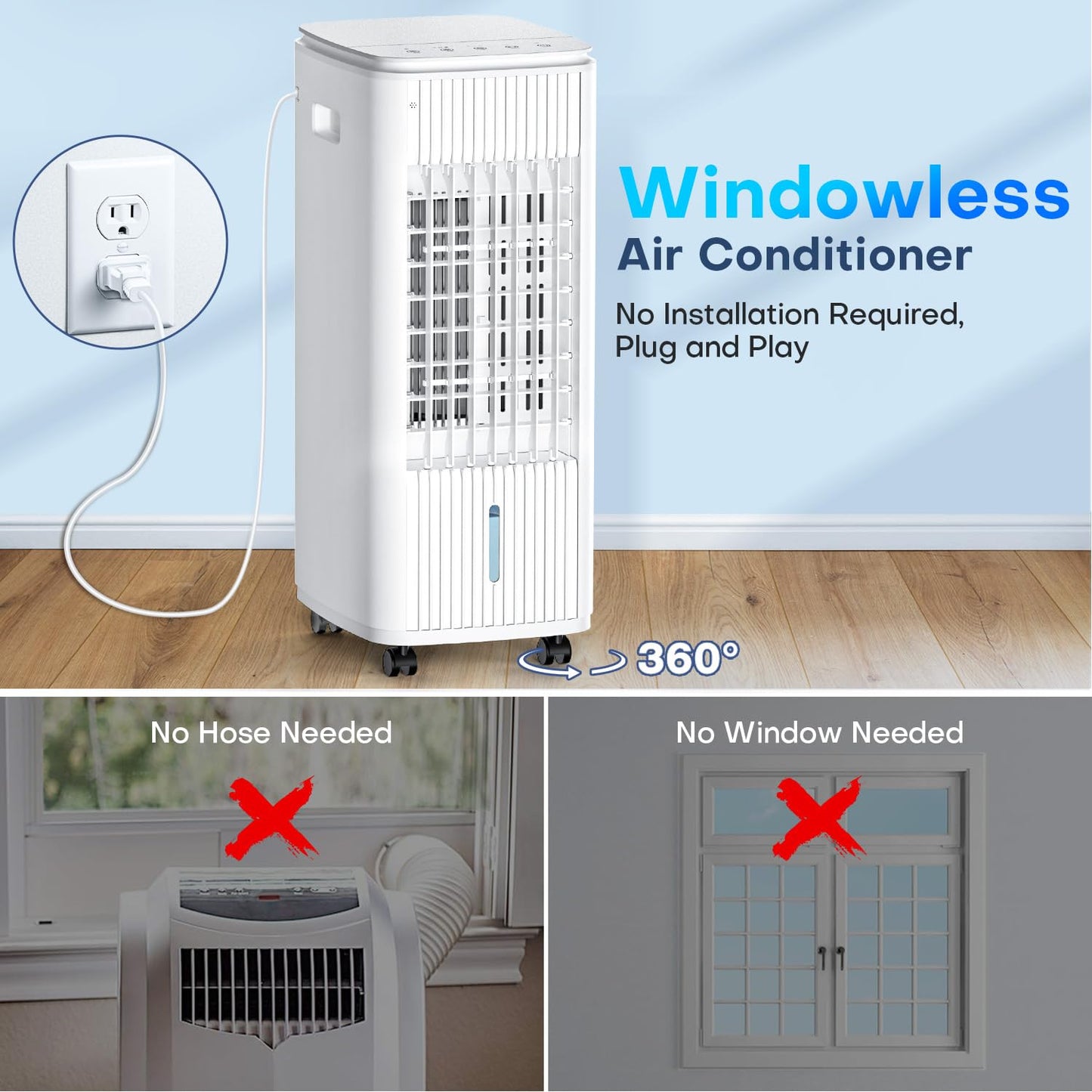 MYICY Evaporative Air Cooler, 25 Inch Swamp Cooler Air Conditioner w/Double Tanks, 7H Timer, 16ft Remote, 3 Ice Packs, 70° Oscillation, 3 Speeds & 2 Modes, 60W Portable Windowless Air Conditioner
