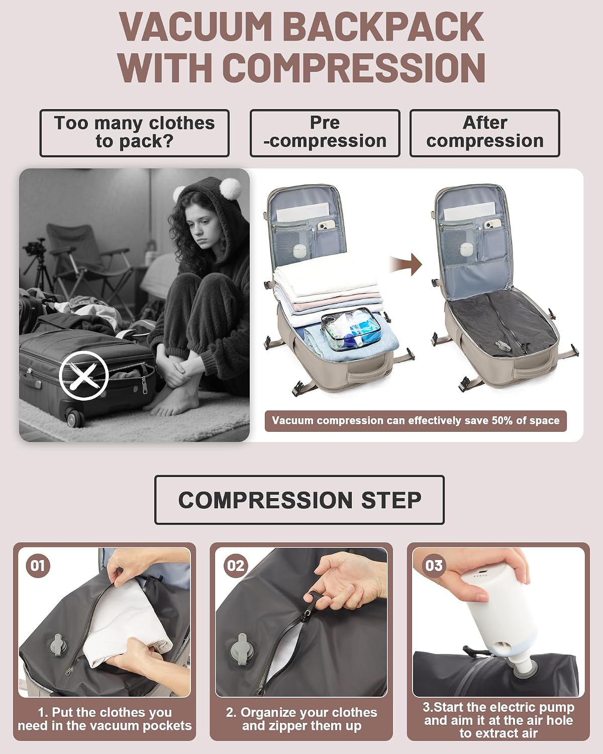 Backpack Backpacks Backpack Vacpack Backpacks Vacuum With Pump Large Travel Laptop For Women Men Carry On With Vacuum
