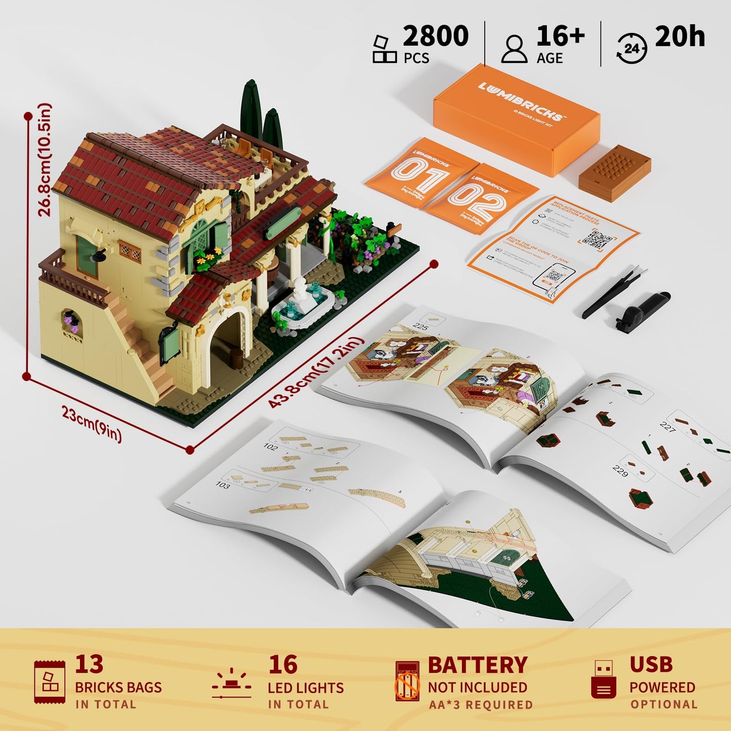 Lumibricks Farm Vineyard-Estate Lighting Building-Bricks-Set - 2800 Pcs Winery Chateau House Collection LED Light Wine Cottage Model Display Set for Adults and Farm Series Building Collectors