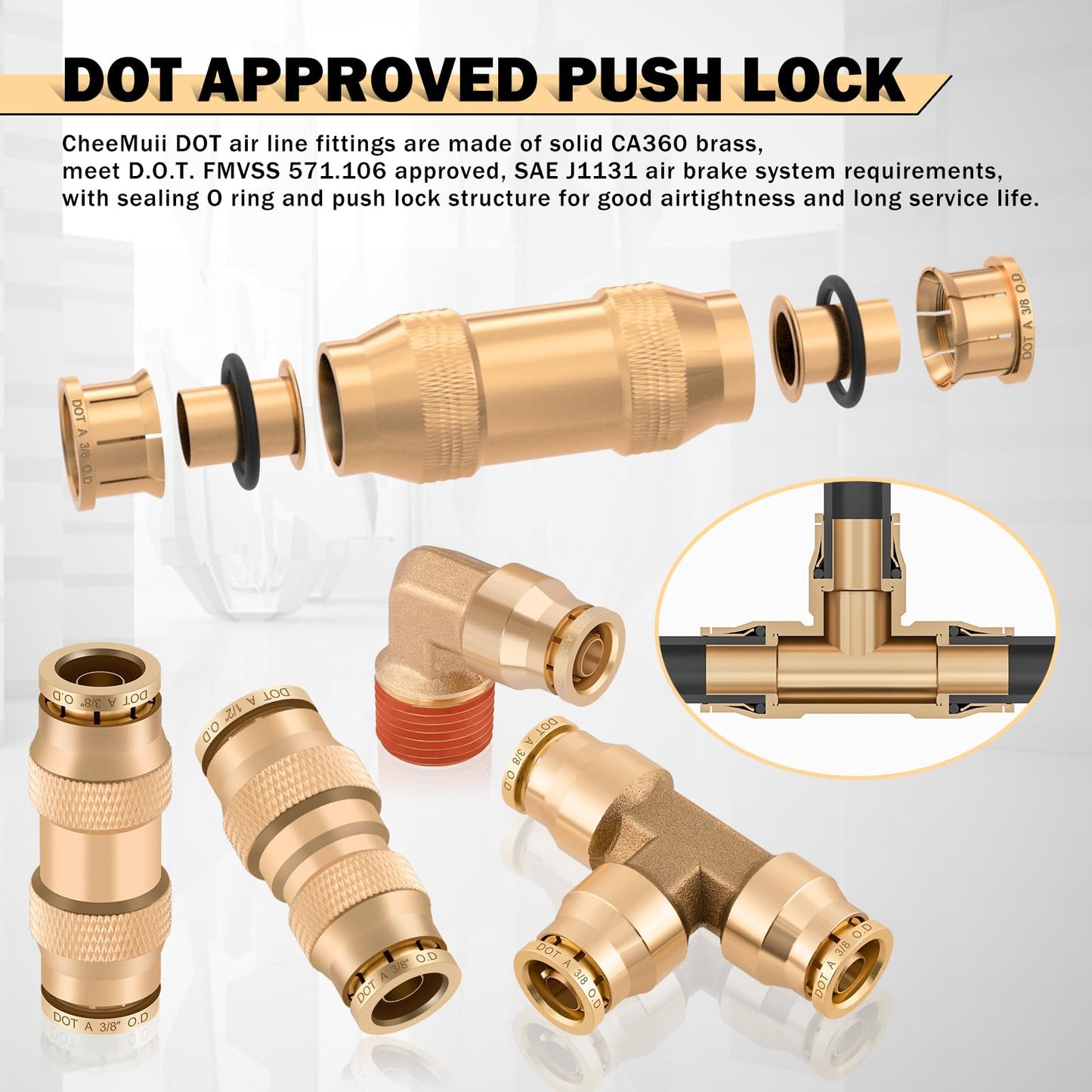 CheeMuii 100 PCS Brass DOT Air Line Fittings with 3 Roll 50FT 1/4" 3/8" 1/2" DOT Air Lines Kit Push Lock Air Fitting Quick Connect Air Fittings with Air Hose Pneumatic Tubing