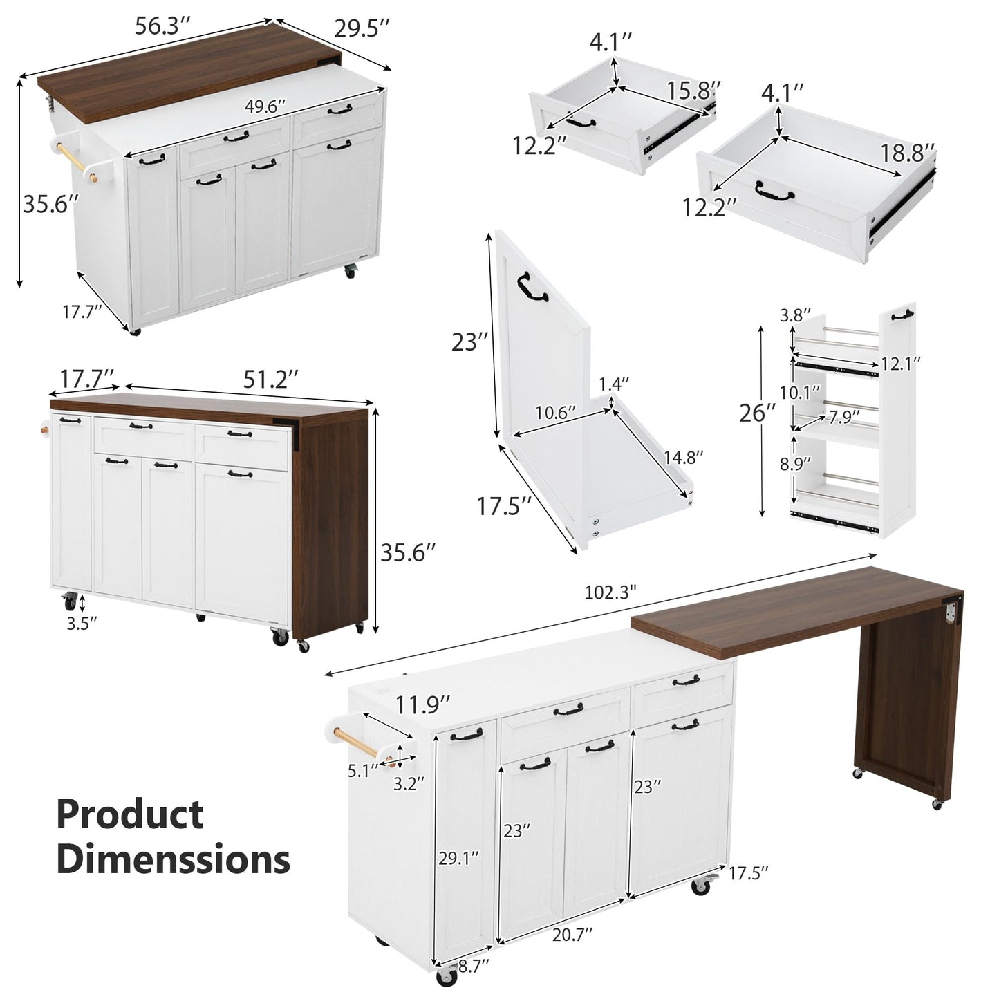 Casaphoria 102.3" Extendable Kitchen Island on Wheels, Rolling Kitchen Cart with Tilt-Out Trash Can Cabinet & 3-Tier Spice Rack, Mobile Drop Leaf Dining Table Prep Station for Small Spaces, White