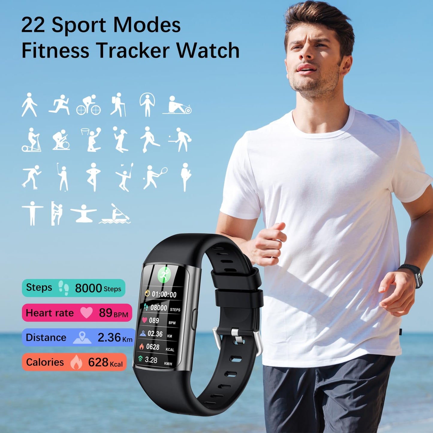 Smart Watch, Step Tracker Watch with 24/7 Heart Rate Monitor, Blood Oxygen, Sleep Monitor, Step Counter, Sports, IP68 Waterproof Fitness Watches for Men Women Compatible with Android & iPhone (Black)