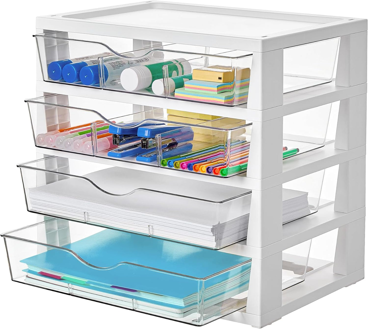 Vtopmart Clear Desk Organizer - 4-Tier Desktop File Organizer with Drawers for Office Supplies