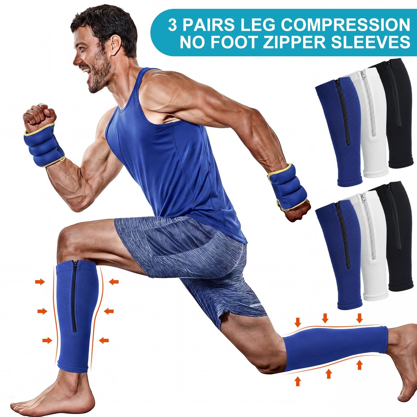 Threlaco 3 Pairs Calf Compression Sleeve with Zipper 20-30mmhg Leg Compression Sleeve Calf Brace Zipper Socks No Foot Sleeves for Men Women Support Running Shin Splints(Black White Blue)