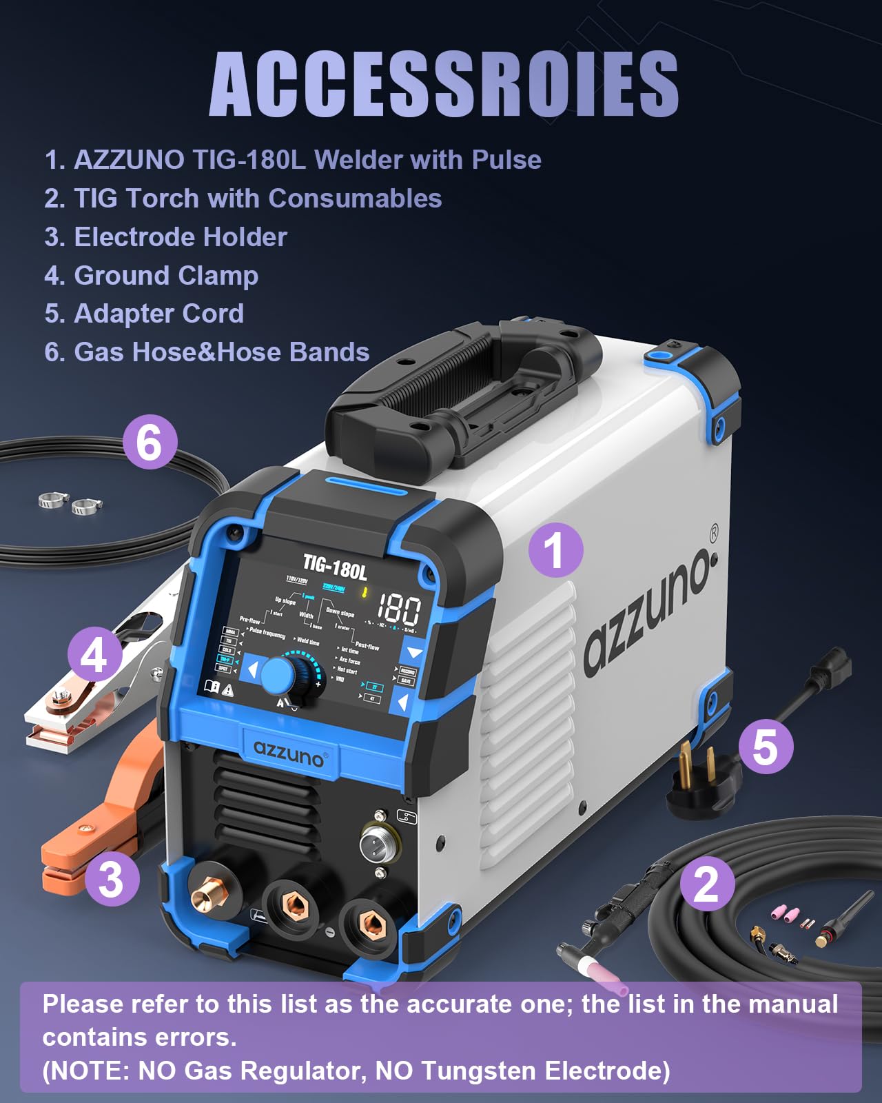 AZZUNO Cold TIG Welder With Pulse 180Amp Large LED Display, 5-in-1 DC HF TIG/PULSE TIG/COLD/SPOT TIG/STICK, 110V&220V Dual Voltage TIG Welding Machine