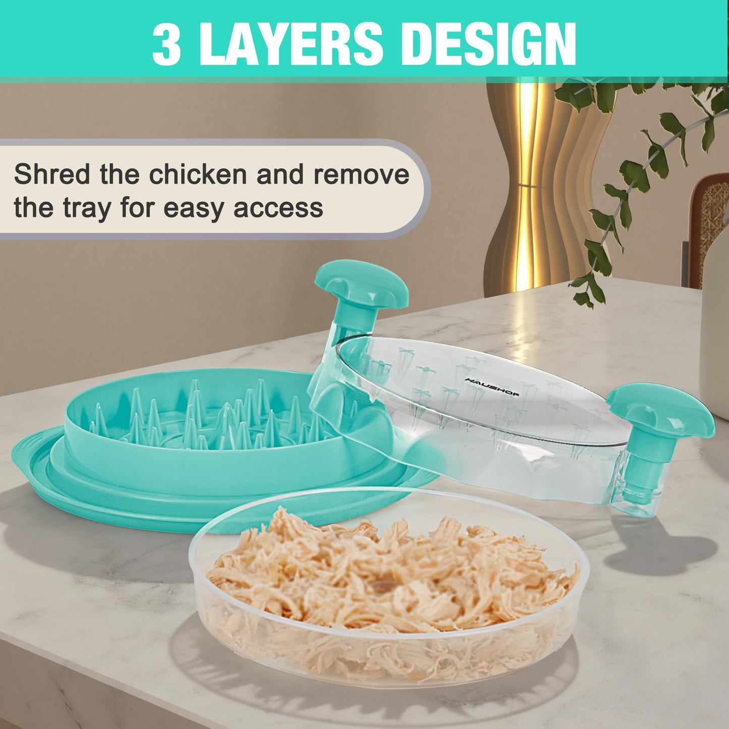 HAUSHOF Chicken Shredder Tool Twist, Large 3 Layer Meat Shredder Grinder, Visible, Strong Anti-Slip, BPA Free, Dishwasher Safe, for Steak, Pork