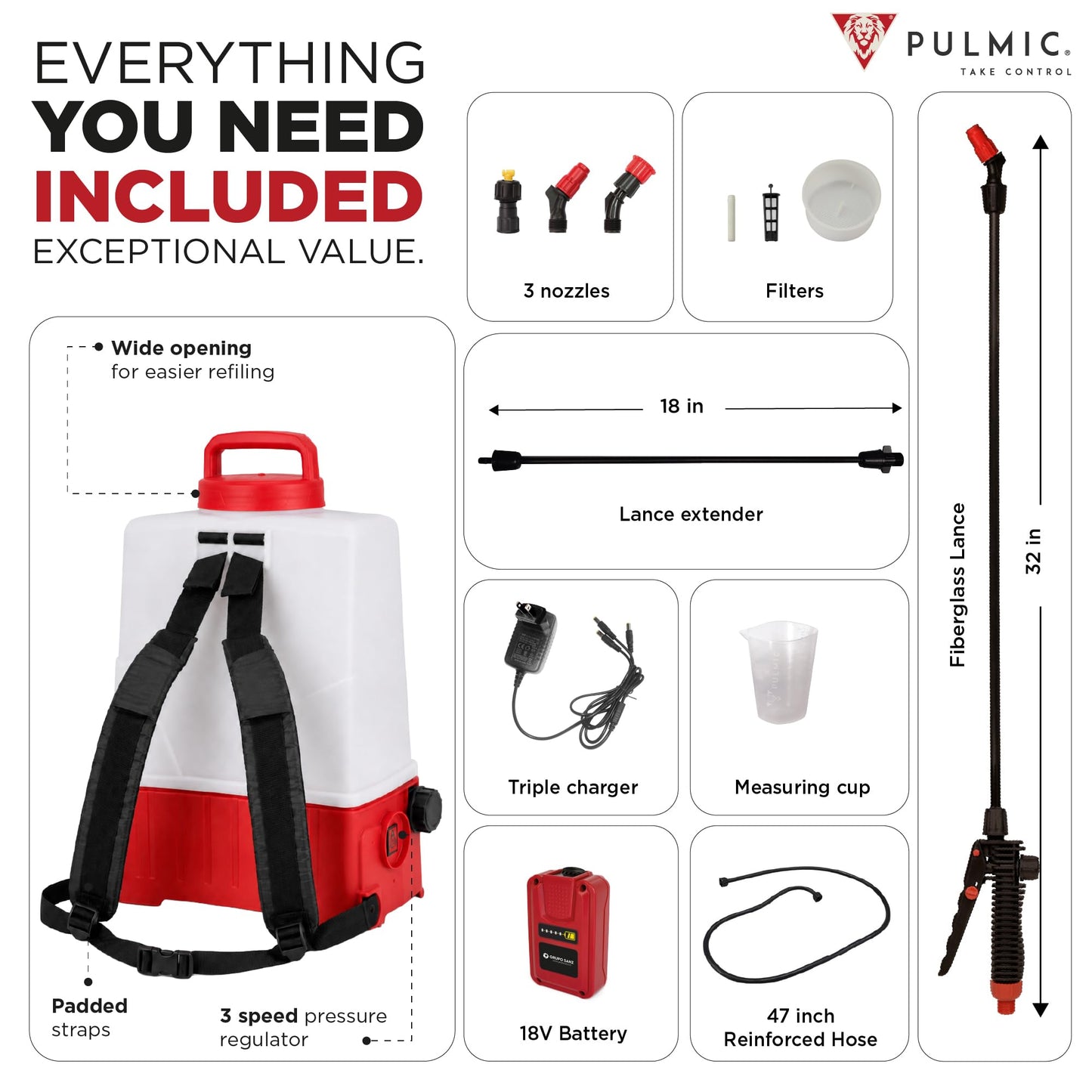 PULMIC Electric Backpack Sprayer 4 Gallon Battery Powered Sprayer for Lawn, Garden & Farm – Adjustable Pressure, High-Performance Sprayer Pump, Lithium Battery, Multi-Nozzle Kit, 7-Hour Autonomy.