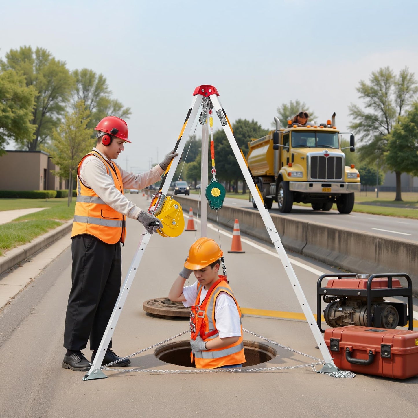VEVOR Confined Space Tripod Kit, Heavy Duty Rescue Tripod Lifting Hoist 1800 lbs Winch, 4.1 ft Adjustable Legs, 65 ft Cable Portable Kit, 32.8 ft Fall Protection, 4.40-7.05 ft Working Height