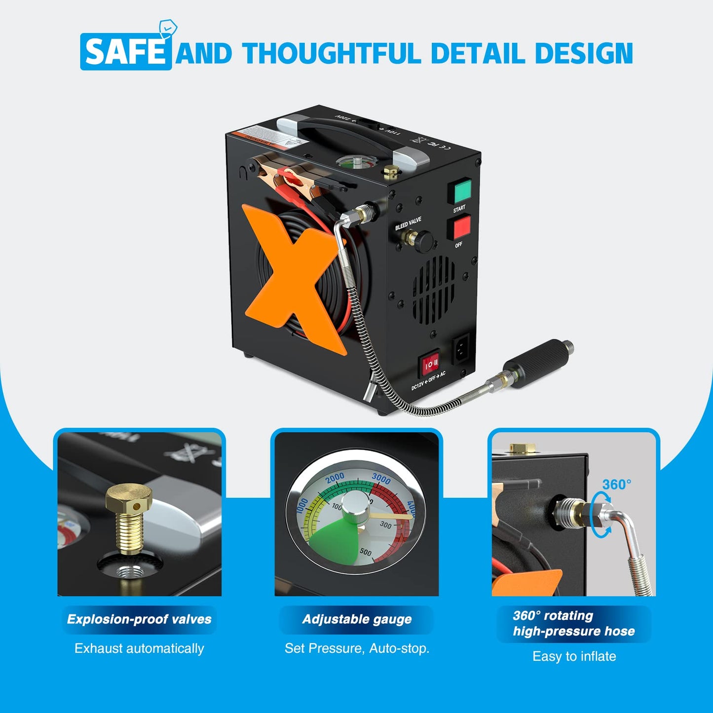 PCP Air Compressor 4500Psi/30Mpa Oil-Free & No-noise High-Pressure Air Compressor with Water/Oil Separator, Auto-shut suitable for Scuba Tank, Air-Gun, Powered by 12V DC or 110V-220 AC