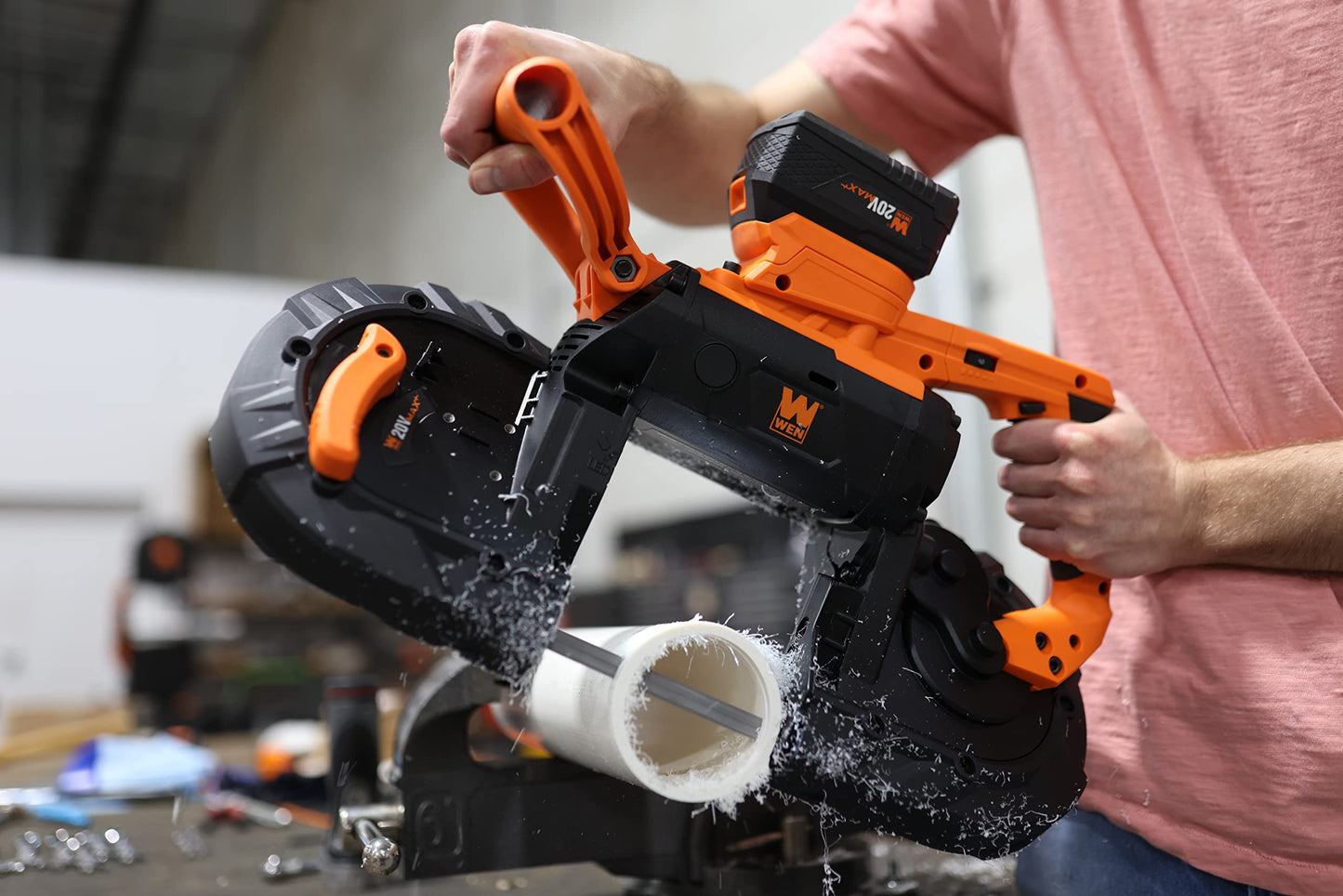 WEN Cordless Portable Bandsaw for Metal with Variable Speed, 20V Max 5.0 Ah Lithium-Ion Battery, and Charger (20496)