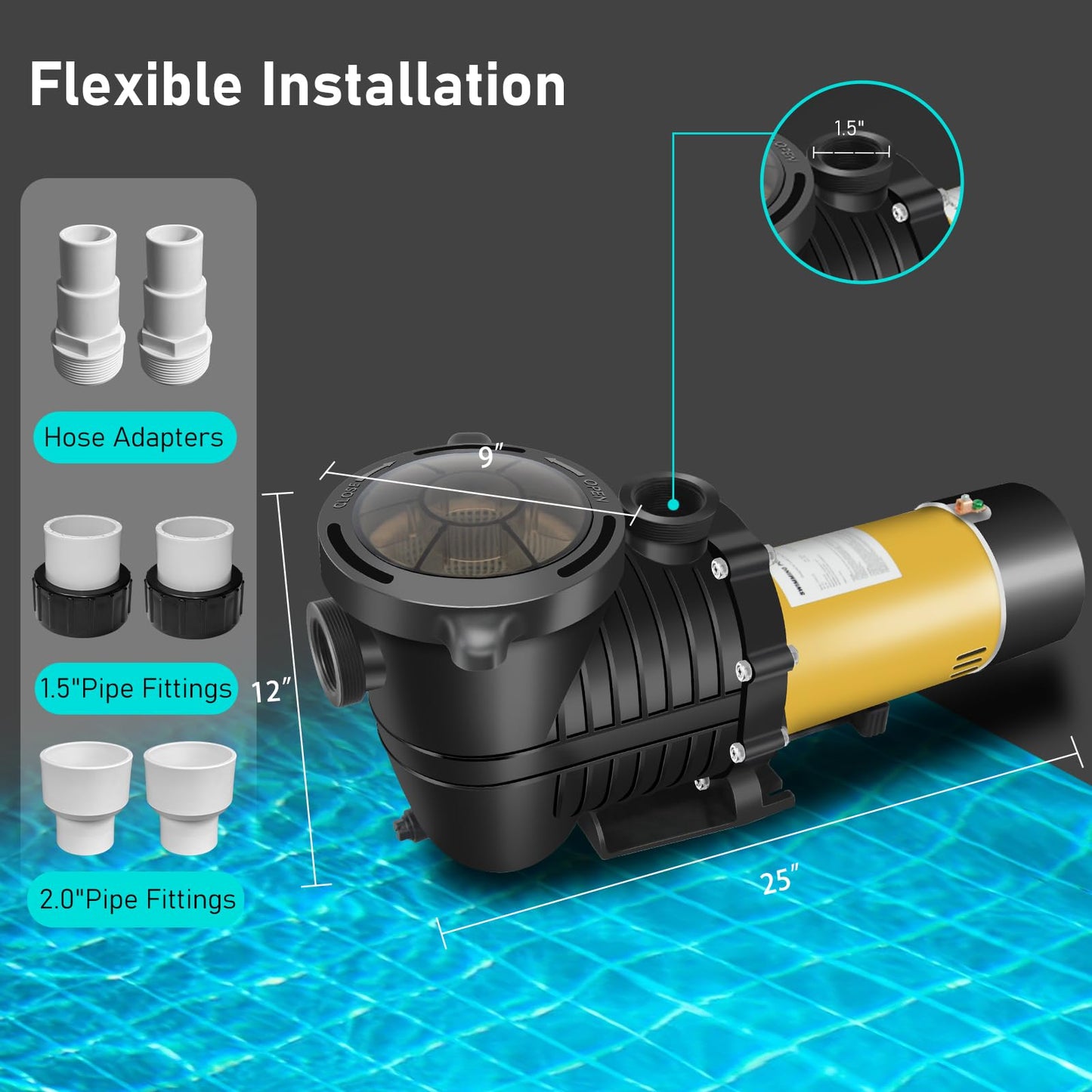 2.0HP Two Speed Energy Saving Pool Pump for In/Above Ground Pools - 230Vac 6600/2640GPH - Swimming Pool Motor with 1.25" & 1.5" & 2.0" pipe adapters - Centrifugal pumps