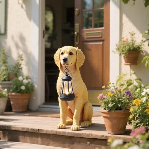 Cynkeyee Golden Retriever Puppy Statue - Solar Outdoor Dog Figurine for Garden Decor | 13.5x7.5x15.5 Inch