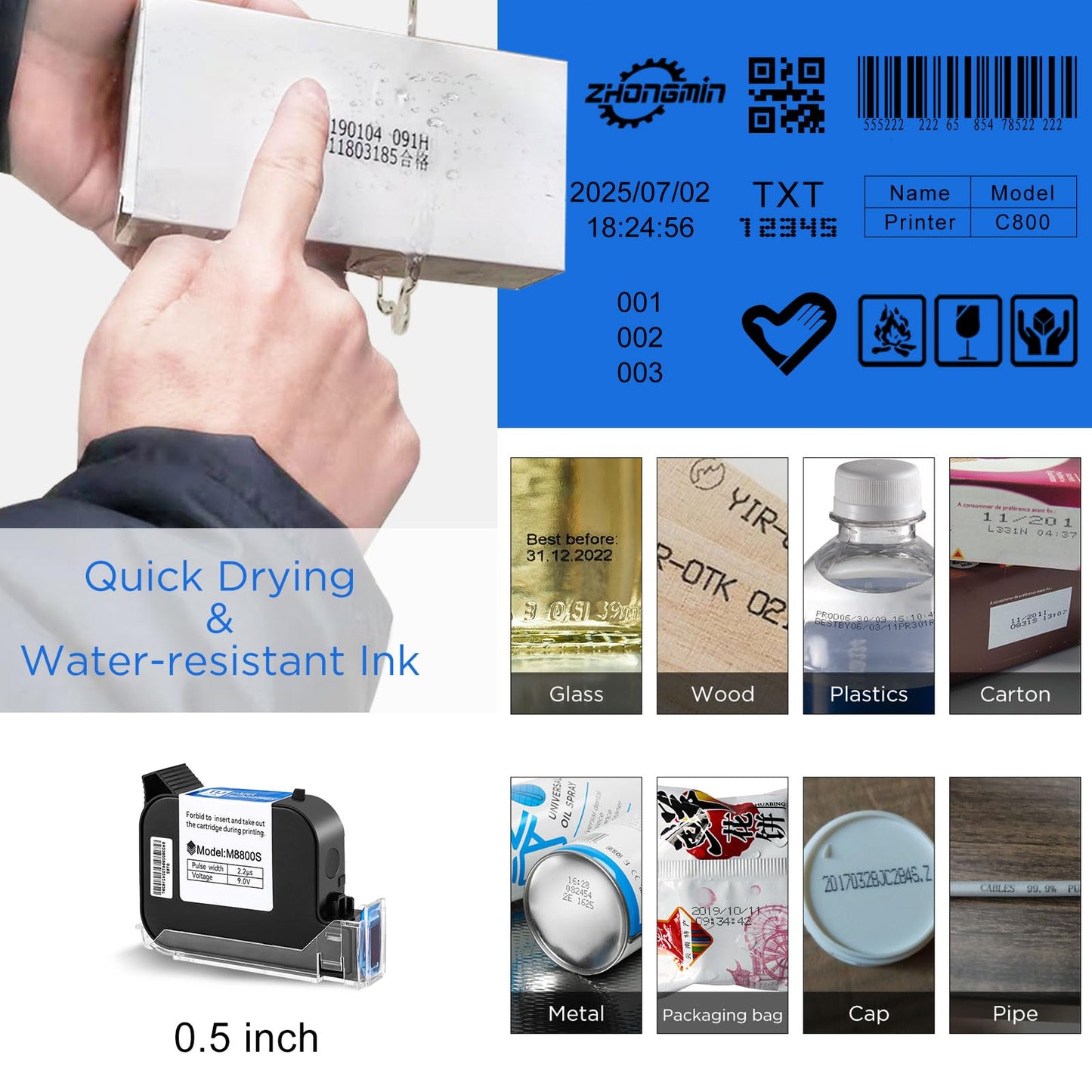 ZHONGMIN Handheld Inkjet Printer with 42ml Quick-Drying Ink Cartridge, Portable Ink Jet Coding Machine for Text/Date/Batch Number/QR Code/Barcode/Logo, Print Height from 0.08 to 0.5 Inch (ZM-C800)