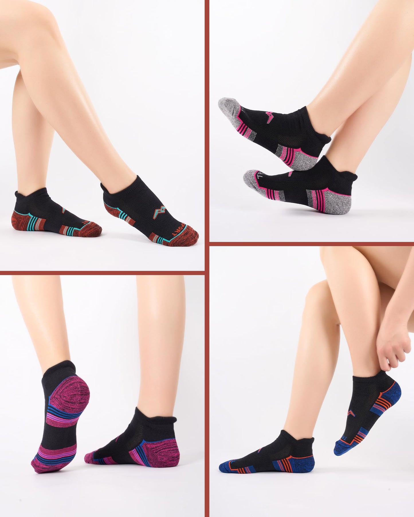 SukModen Women's Performance Athletic Socks 6/12 Pairs, Cotton Ankle Socks with Heel Tab & Cushioned Sole for Running, Gym, Fitness, Multi-Color on Black, 6 Pairs, S