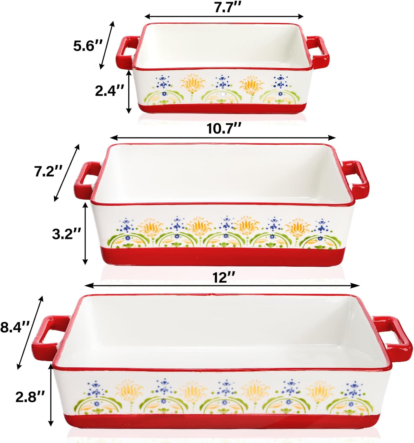WRINGKIT Ceramic Baking Dishes Set - Rectangular Casserole Dish with Handles | 3 Sizes (12''/10.7''/7.7'') in Red