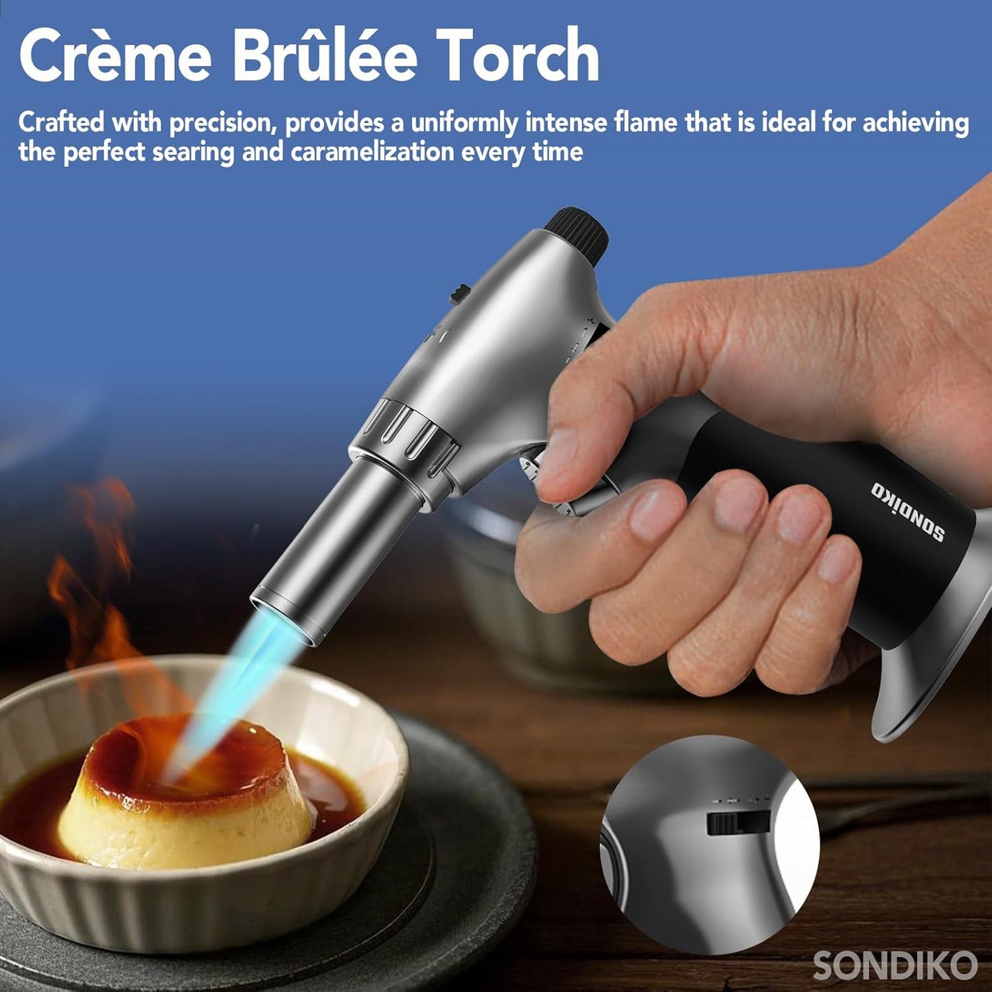 Sondiko Dual Style Butane Torch Lighter - Adjustable Flame Size & Continuous Flame Lock for Cooking | Refillable