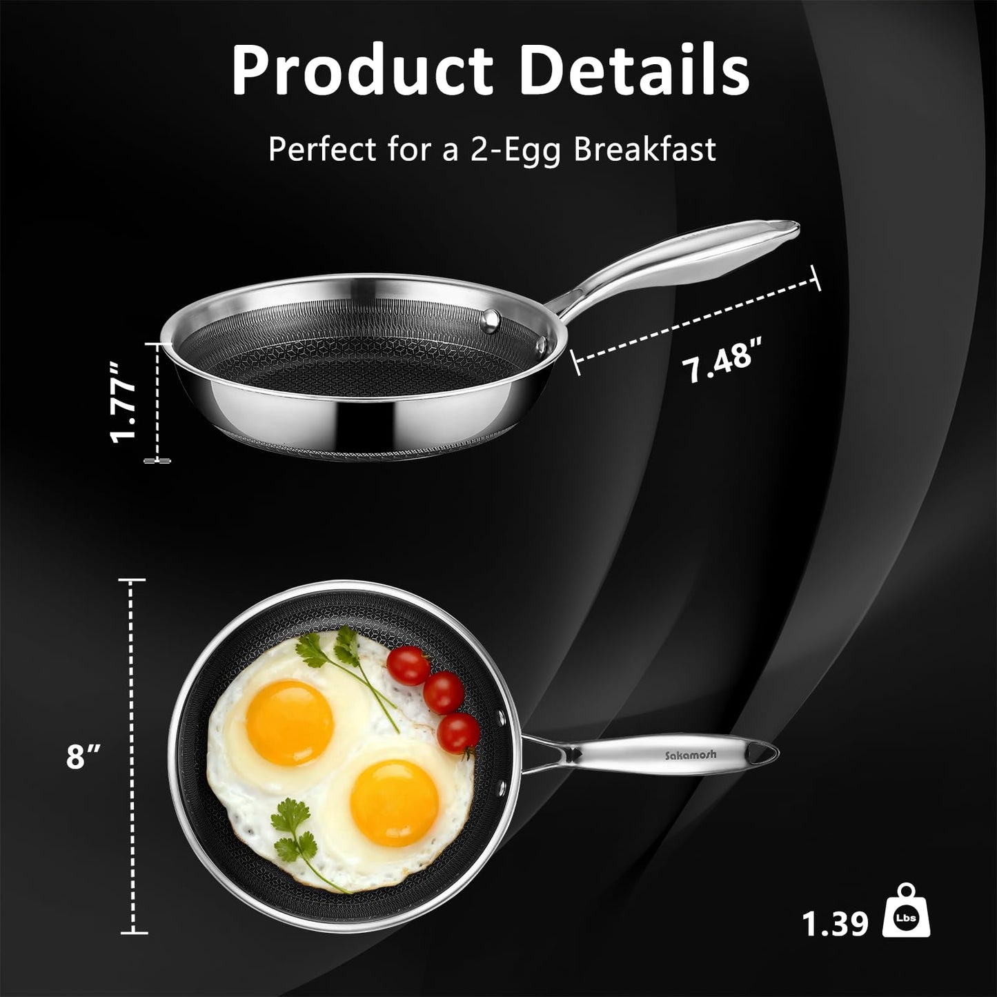 SAKAMOSH 8" Non Stick Frying Pans, Hybrid Ceramic Stainless Steel Pan, Skillet with Stay-Cool Handle, Non Toxic, PFAS PFOA PTFE Free, Dishwasher & Oven Safe, Induction, Compatible with All Cooktops