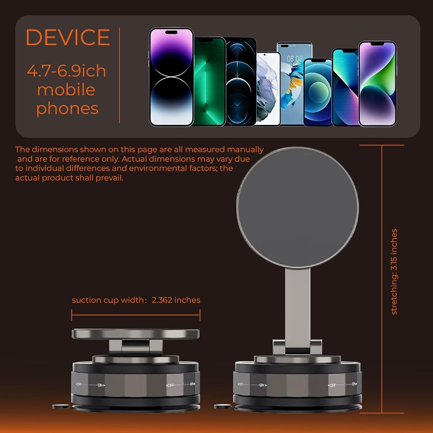 Barydee 360 Magnetic Car Phone Mount, Vacuum Suction Cup Phone Holder for Dashboard & Windshield, Rotatable Foldable