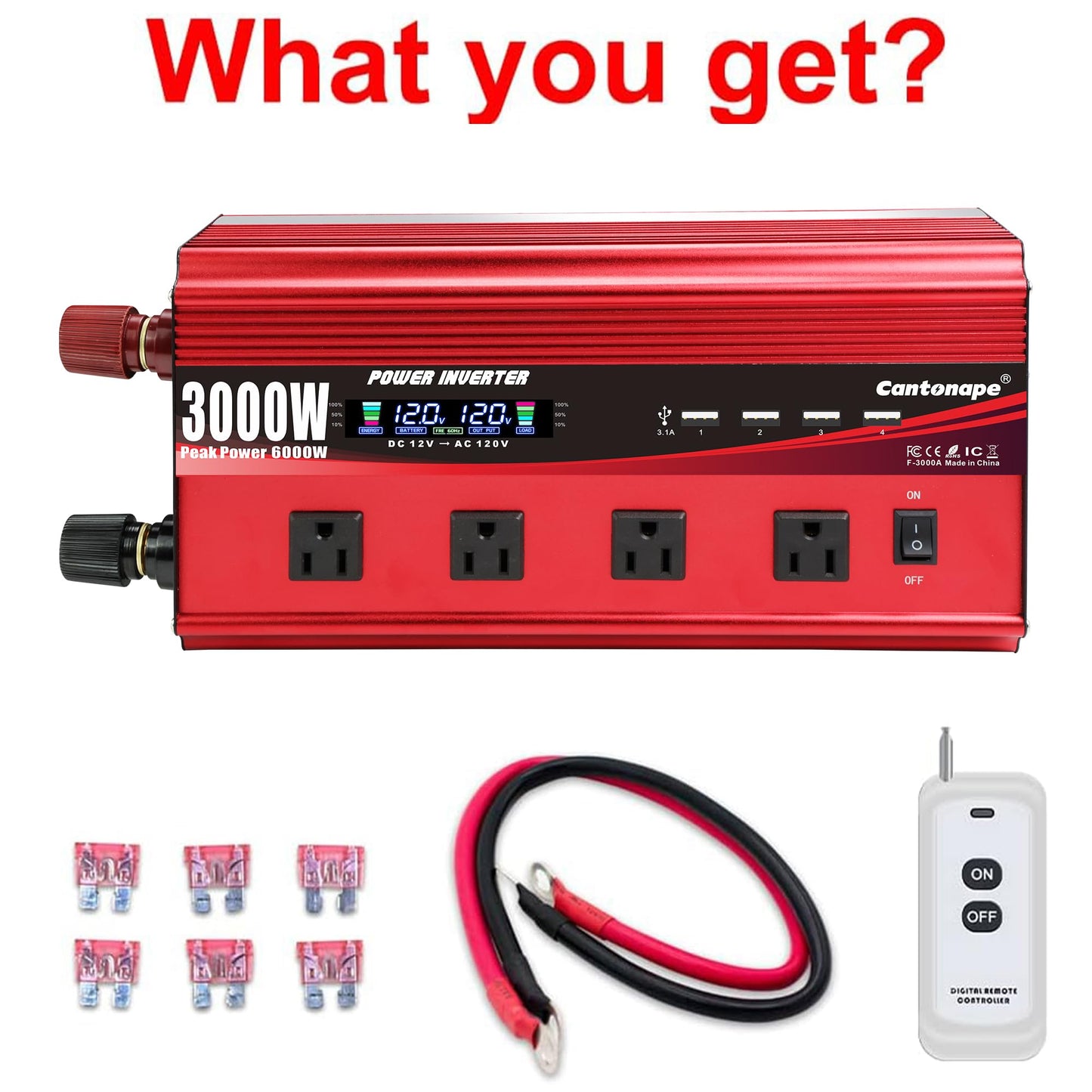 Cantonape 3000W Power Inverter 12V to 110V/120V DC to AC with LCD Display, Remote Controller 4 x AC Outlets and 4 x 3.1A USB Car Adapter for Car Truck Boat RV Solar System