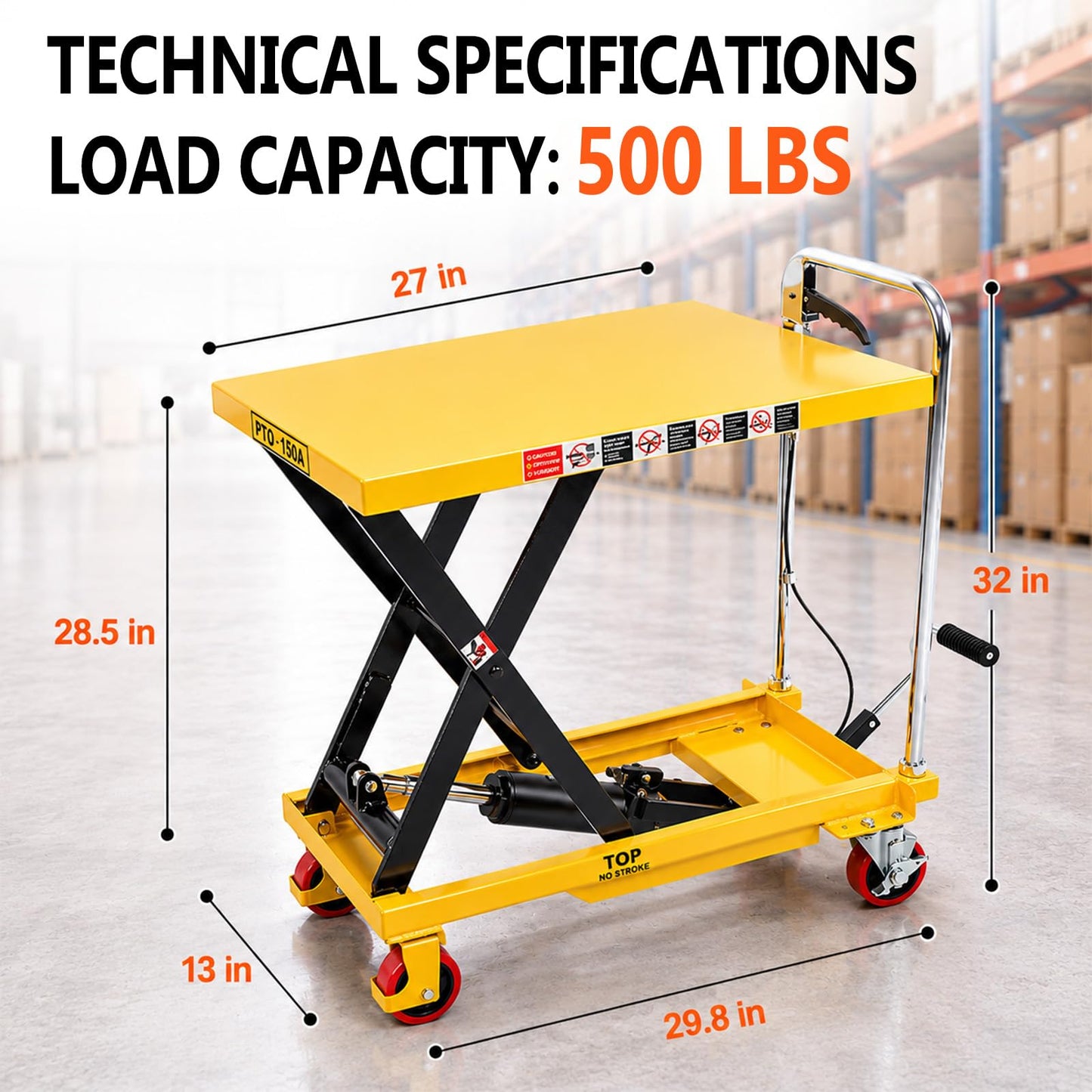 Claw Road 2026 New Hydraulic Lift Table Cart 500LB Capacity, 32" Lift Height, Manual Scissor Lift Cart with Foot Pedal, Release Handle & Locking PU Casters for Warehouse, Workshop, Garage, Yellow