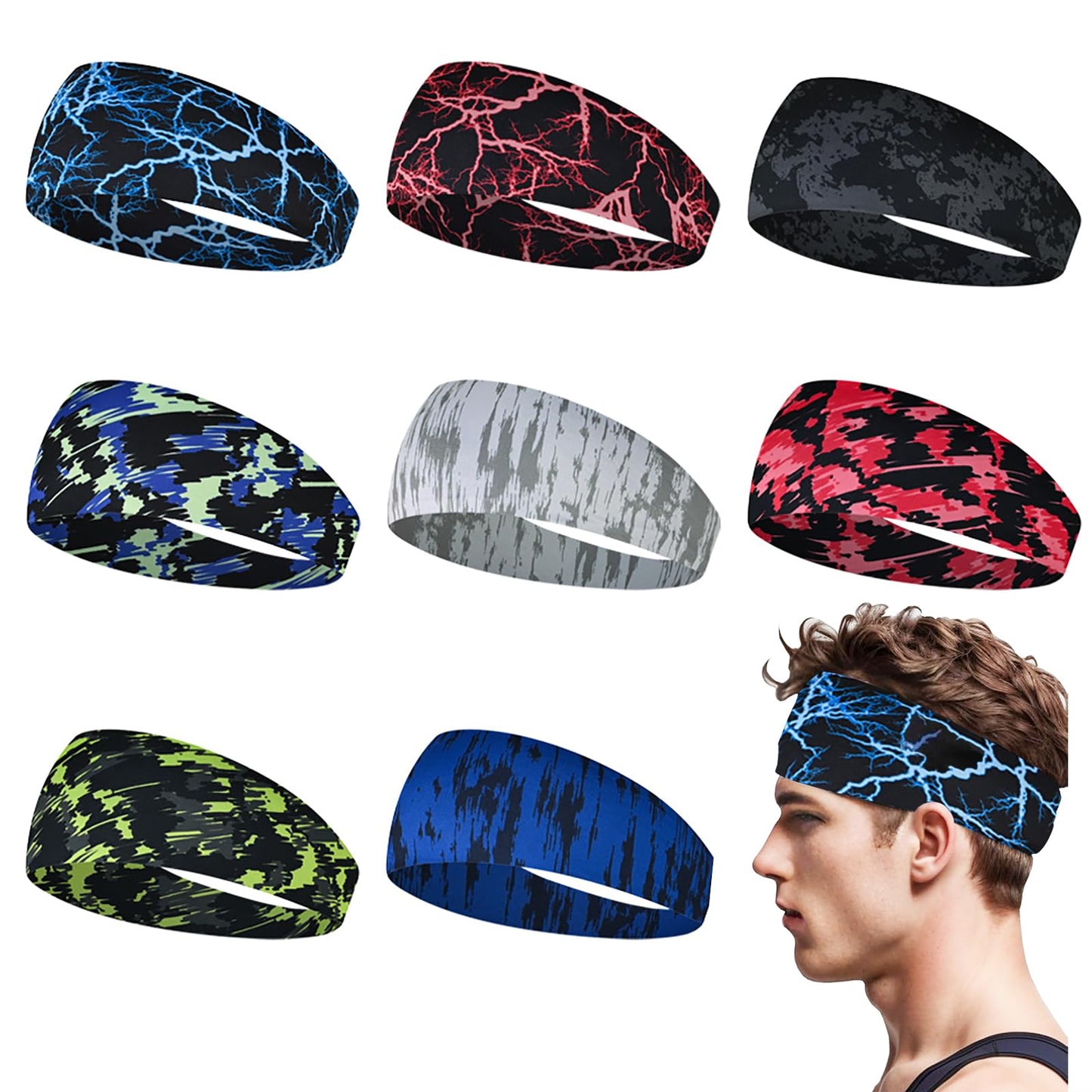 Sports Headband Pack - 9 Wide Sweatbands for Men's Running, Cycling, Football, Basketball, Yoga Workouts (Cool Style)