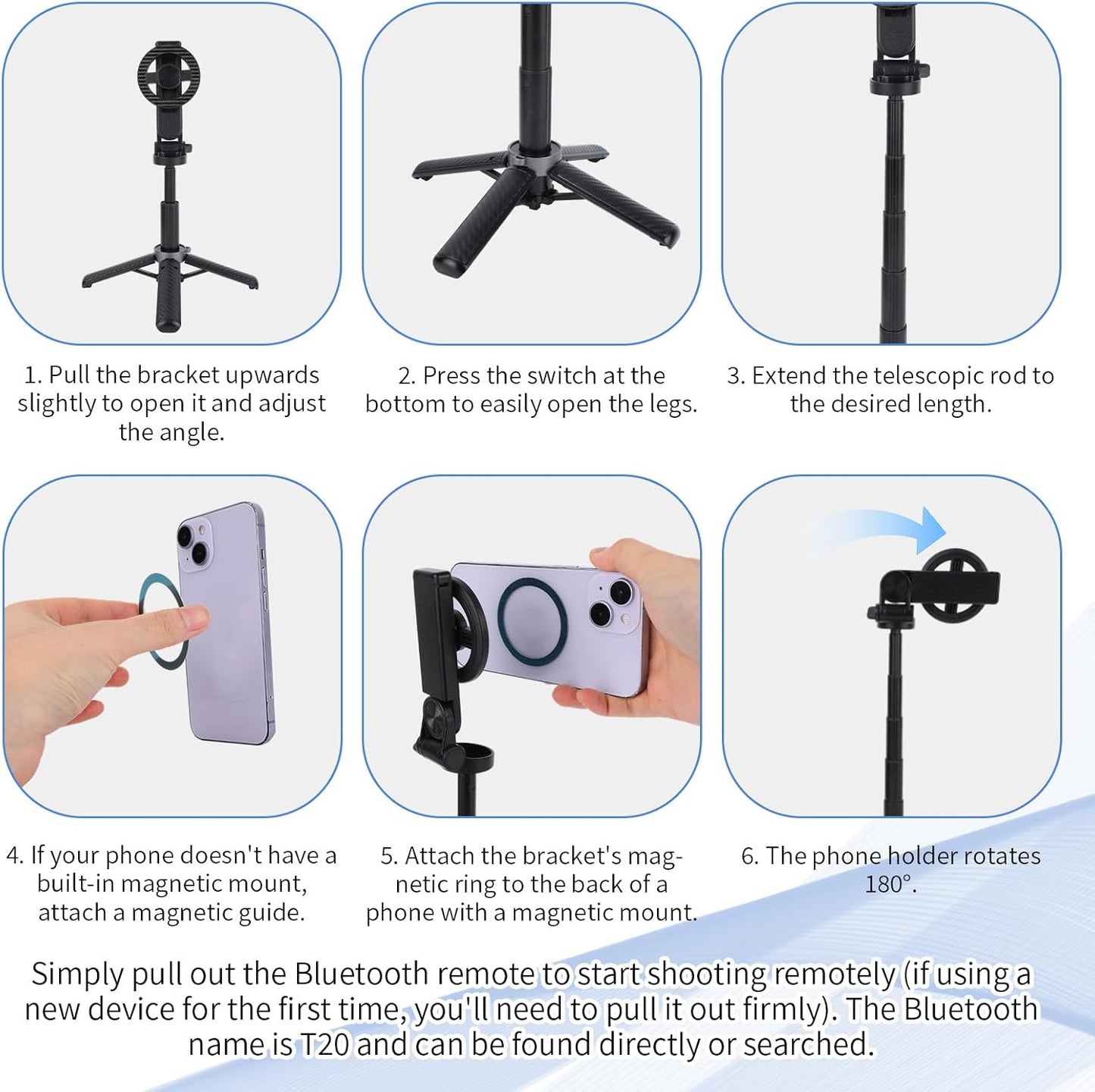 BTFO 360 Magnetic Mini Phone Selfie Stick, Rotation Pocket Tripod Extendable Cell Phone Travel Tripod Multifunctional