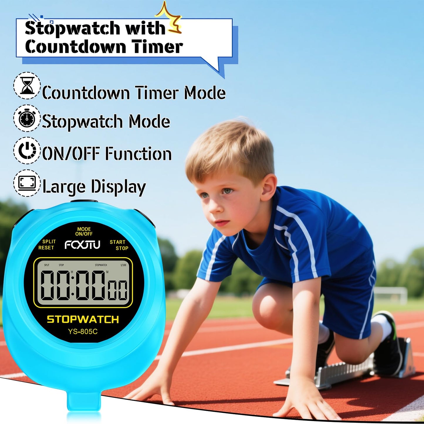FCXJTU Simple Stopwatch Timer, Single Lap Stopwatch Countdown Timer, No Hourly Beep, On/Off, AAA Battery(Included), Large Display, Easy to Use, Ideal for Kids Sports Coaches Blue