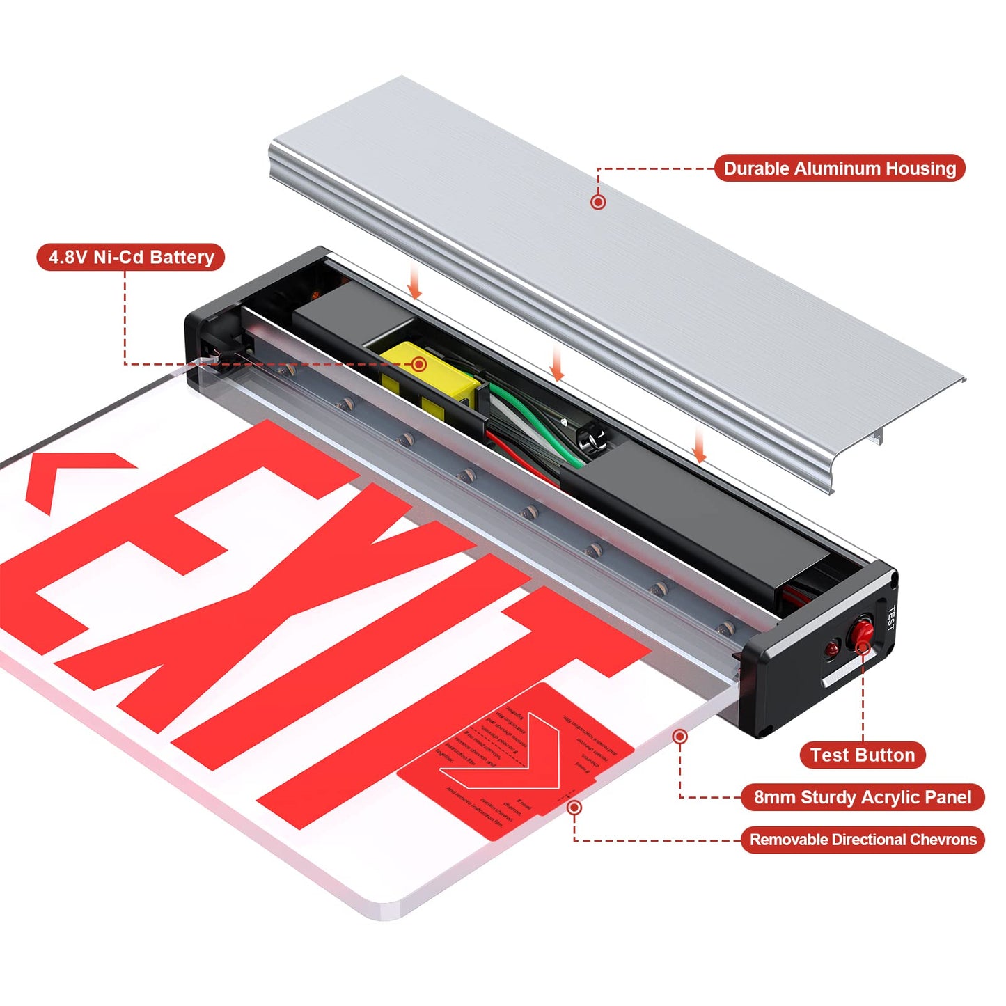 Red LED Edge Lit Exit Sign UL Listed, Brushed Aluminum Housing Single Sided Clear Acrylic Emergency Exit Signs with Battery Backup, AC 120-347V Hardwired Exit Lights, Top/Side/Wall Mount (1 Pack)