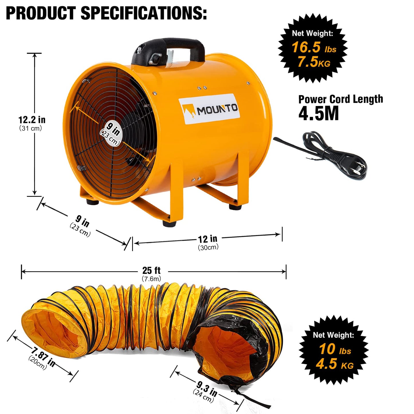 MOUNTO COMBO Heavy Duty Cylinder Fan with 25-foot Vinyl Hose (8inch)