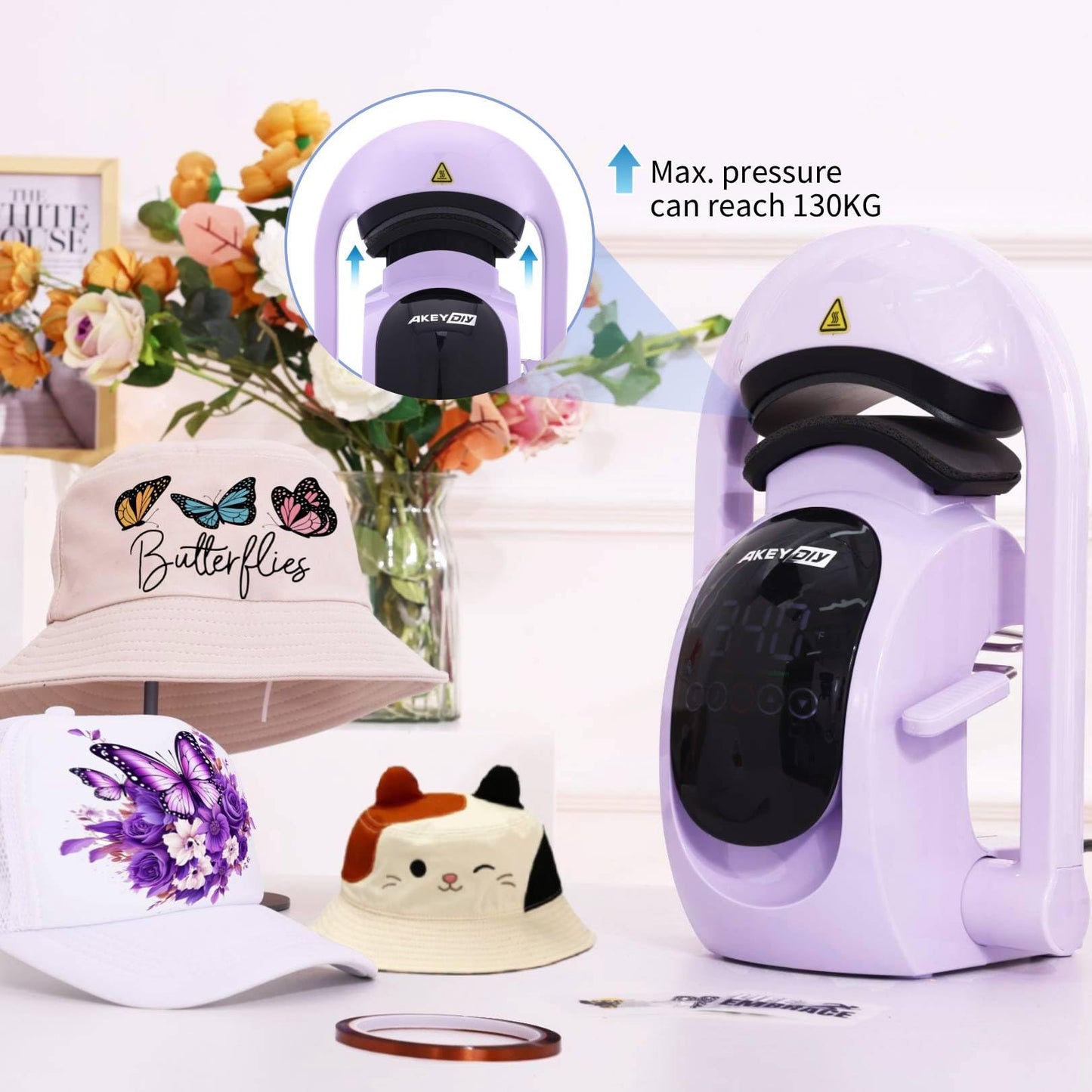 AKEYDIY 3-in-1 Auto Hat Heat Press Machine for Caps, with 3pcs Interchangeable Platens, Automatic Open & Release, Touchscreen for Precise Time & Temp Control, Heat Transfer Printing for Caps, Purple