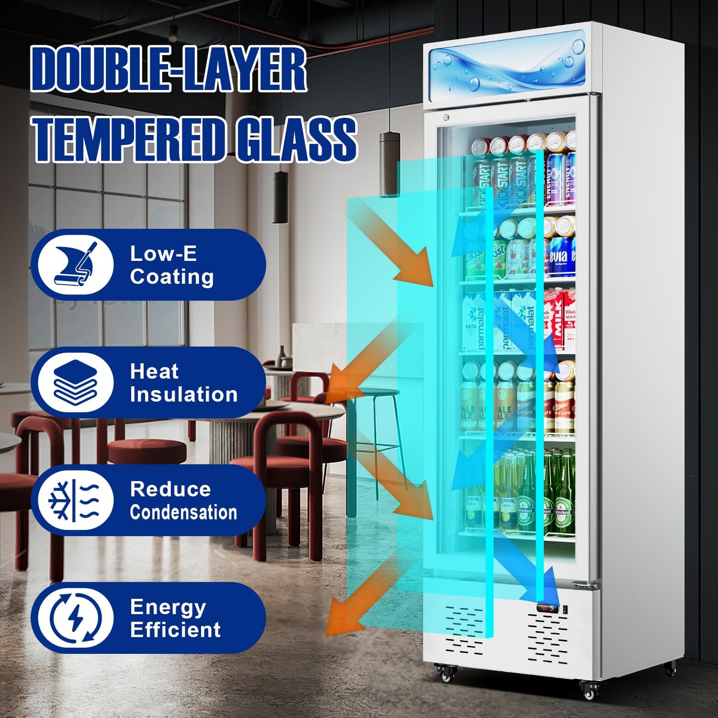FreezLabs White Commercial Glass Door Display Refrigerator 11 Cu.ft Cooler Beverage Refrigerators with LED Light and 5 Shelves for Cafe Restaurant Store Bar