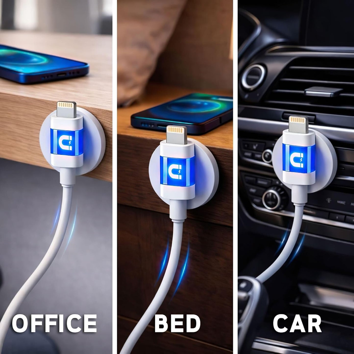 MAGNICPRO 6ft 514 LED Phone Lightning Cable with Magnetic Tip, Magnetic Cord Holder & Blue Night Glow Light Durable