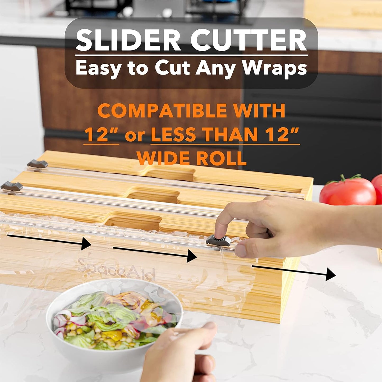 SpaceAid WrapNeat 3-in-1 Wrap Organizer - Cutter & Labels for Plastic Wrap, Foil & Wax | 12" Roll Holder (Natural)